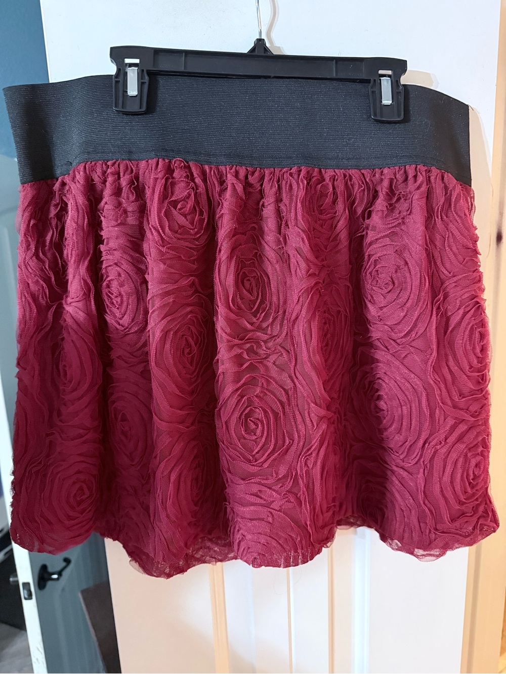 Stoosh Rose-Textured Mini Skirt in Burgundy with Black Waistband